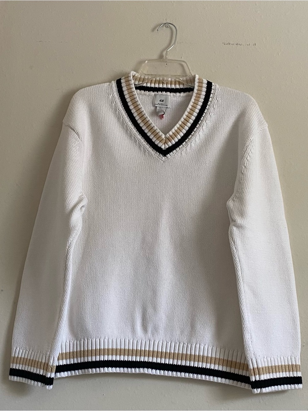 H&M Men's White V-Neck Sweater with Black and Tan Stripe Trim